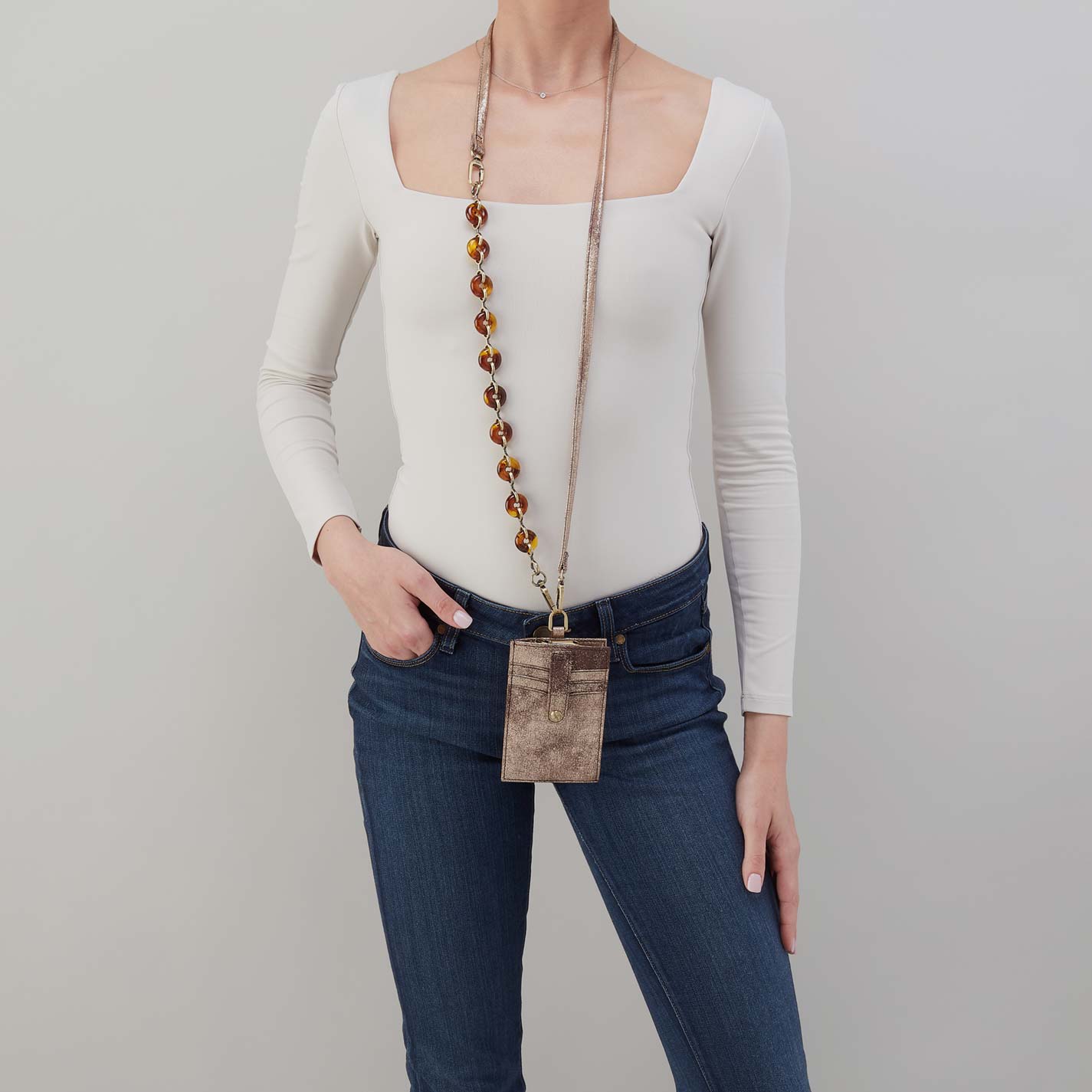 Around Town Lanyard in Metallic Leather - Cocoa Platinum - Image 2