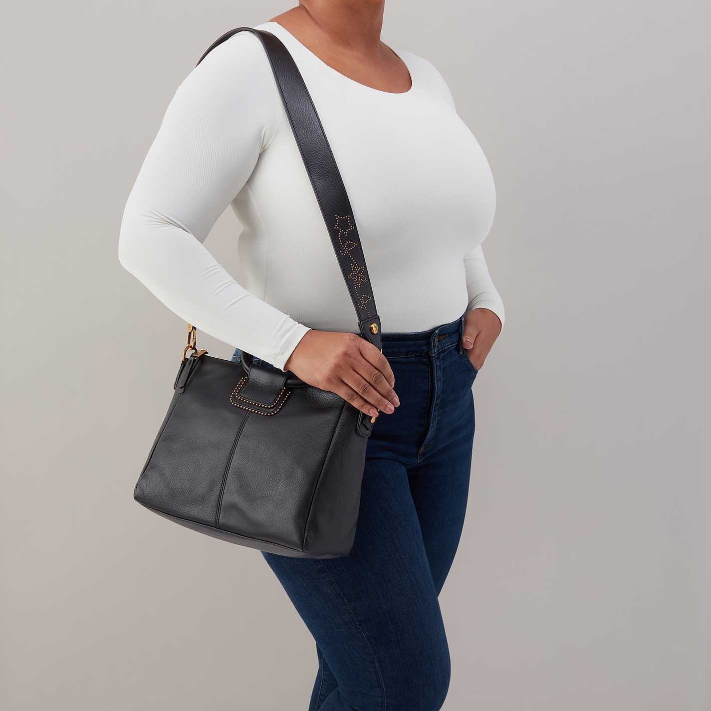 Sheila Medium Satchel in Pebbled Leather - Black With Studs - Image 3