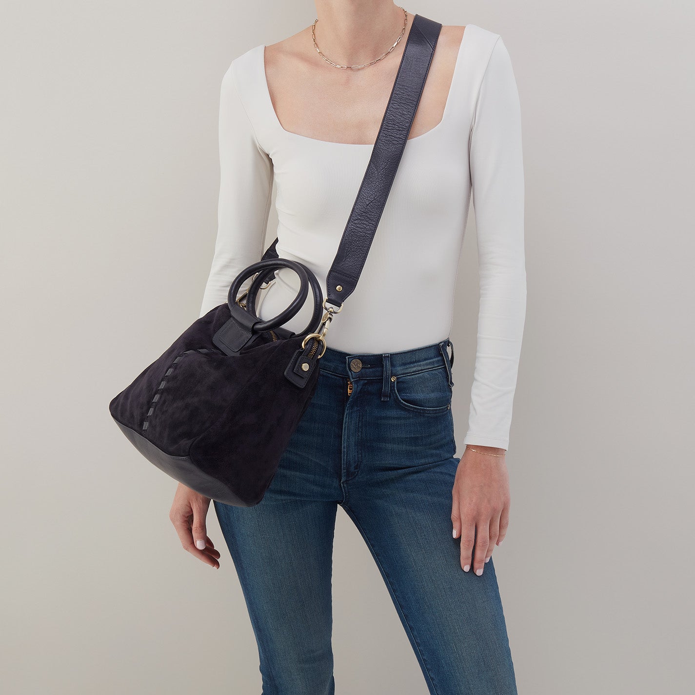 Sheila Medium Satchel in Suede - Navy - Image 2
