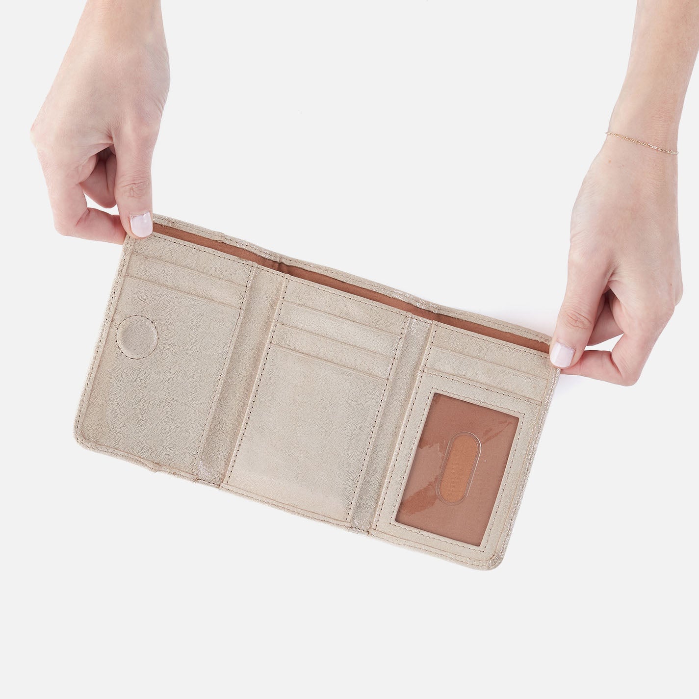 Jill Trifold Wallet In Metallic Leather - Sand Shimmer - Image 2