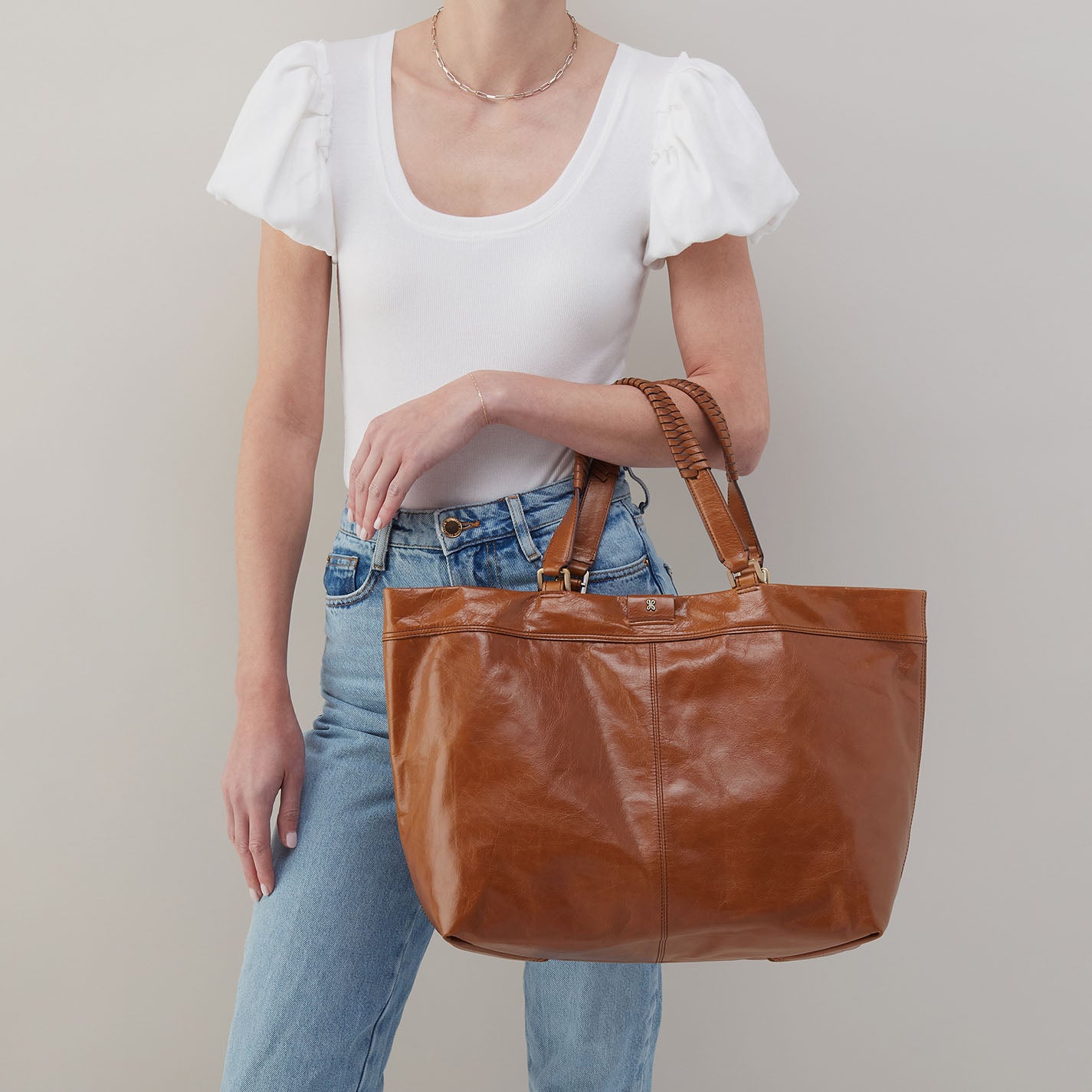 Romy Max Tote In Polished Leather - Truffle - Image 3
