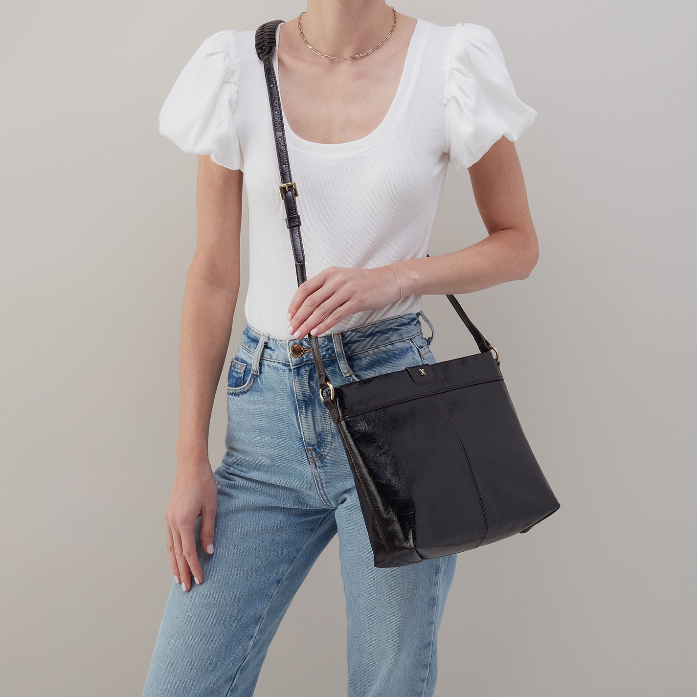 Romy Medium Crossbody in Polished Leather - Black - Image 3