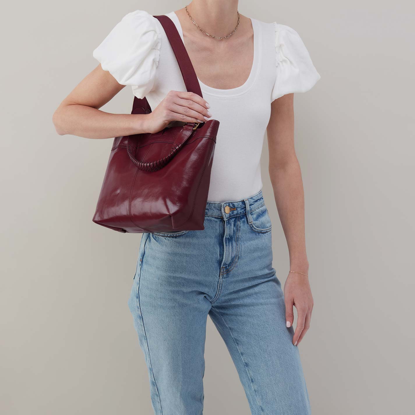 Romy Medium Tote in Polished Leather - Saddleberry - Image 2
